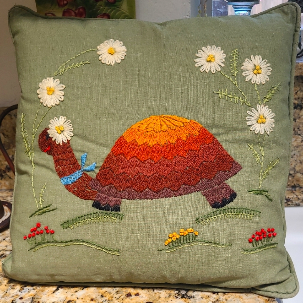 Vinyage Crewel Turtle Pillow